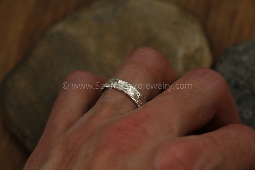 Custom Listing - 14 kt Rose Go.d Bright Cut Diamond Pattern Hand Engraved 5x1.2mm Band