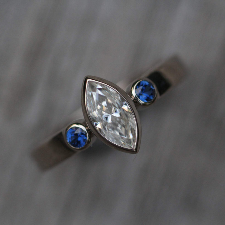Private Listing - Moissanite Marquise and Dark Blue Sapphire Palladium White Gold