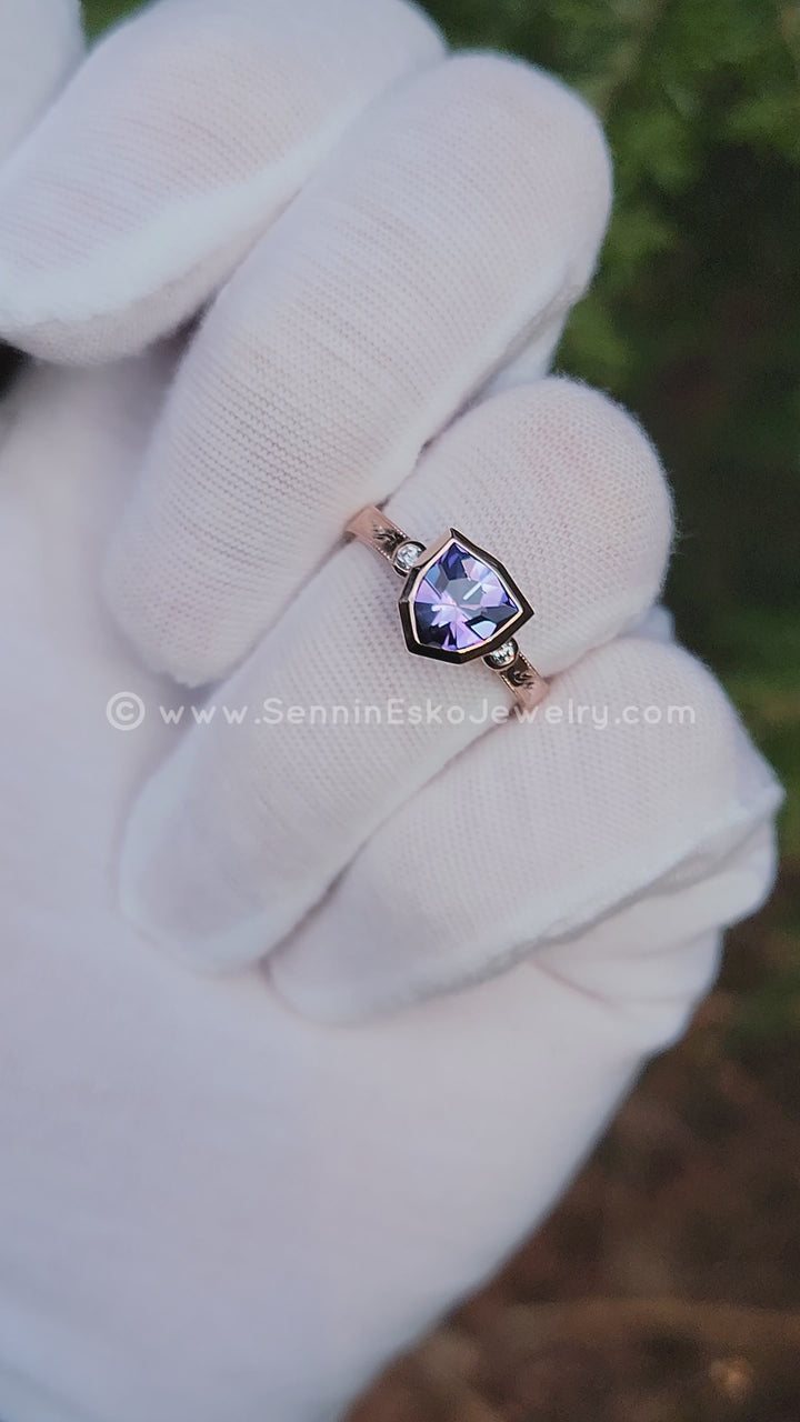 Branches & Leaves Bright Cut Engraved Bezel Ring - Depicted with a Lilac Tanzanite Shield Setting Only, Center Stone Sold Separately)