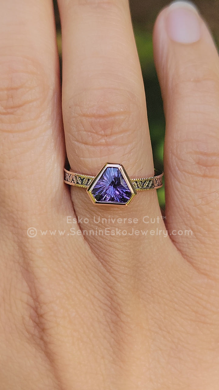 Purple Sapphire Leaf Engraved Bezel Ring