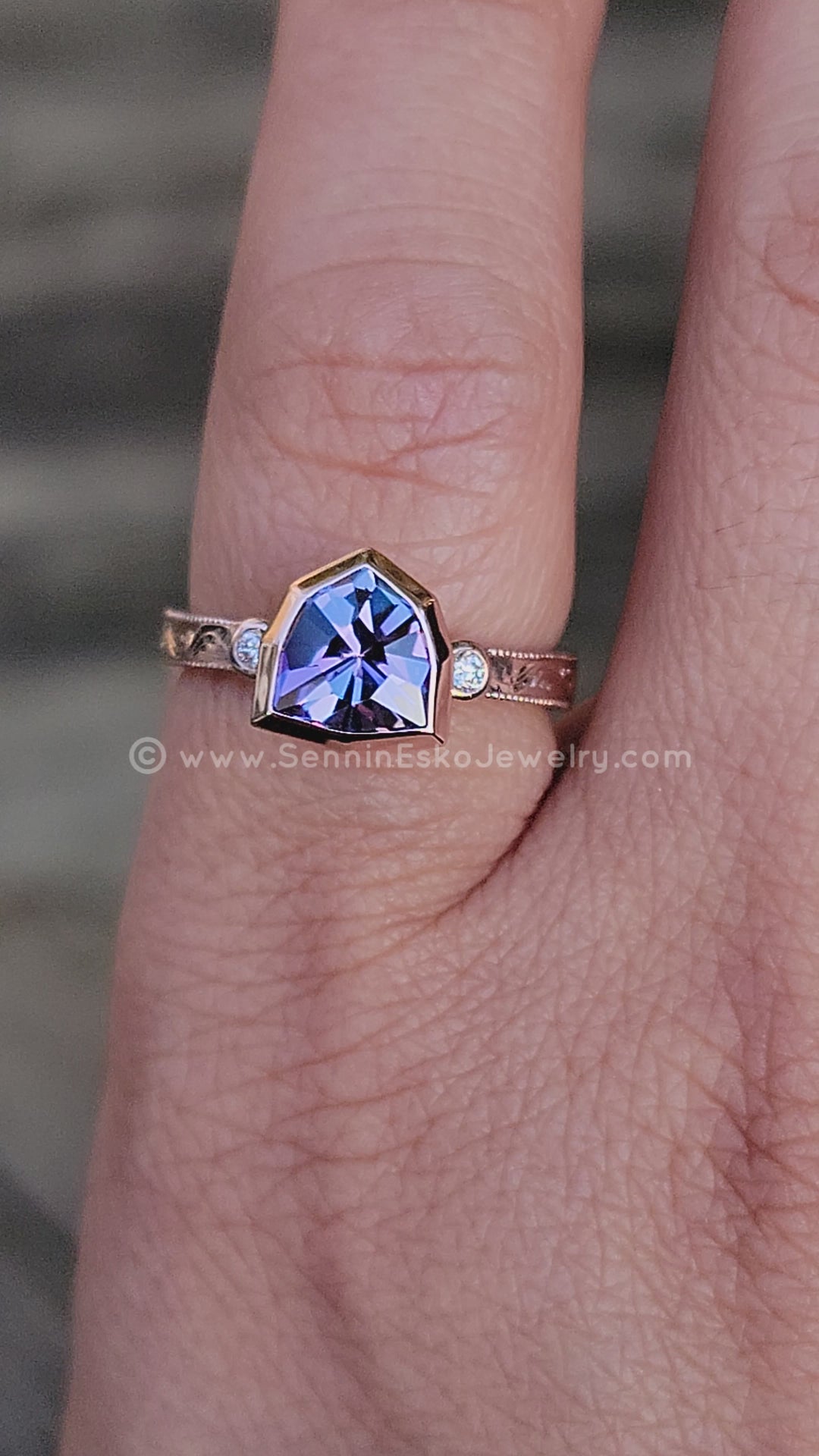 Branches & Leaves Bright Cut Engraved Bezel Ring - Depicted with a Lilac Tanzanite Shield Setting Only, Center Stone Sold Separately)