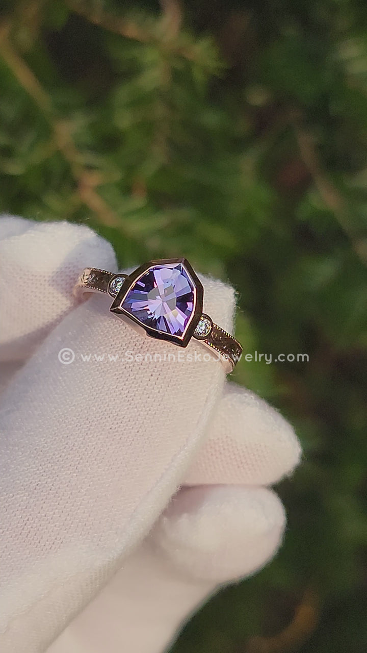 Branches & Leaves Bright Cut Engraved Bezel Ring - Depicted with a Lilac Tanzanite Shield Setting Only, Center Stone Sold Separately)
