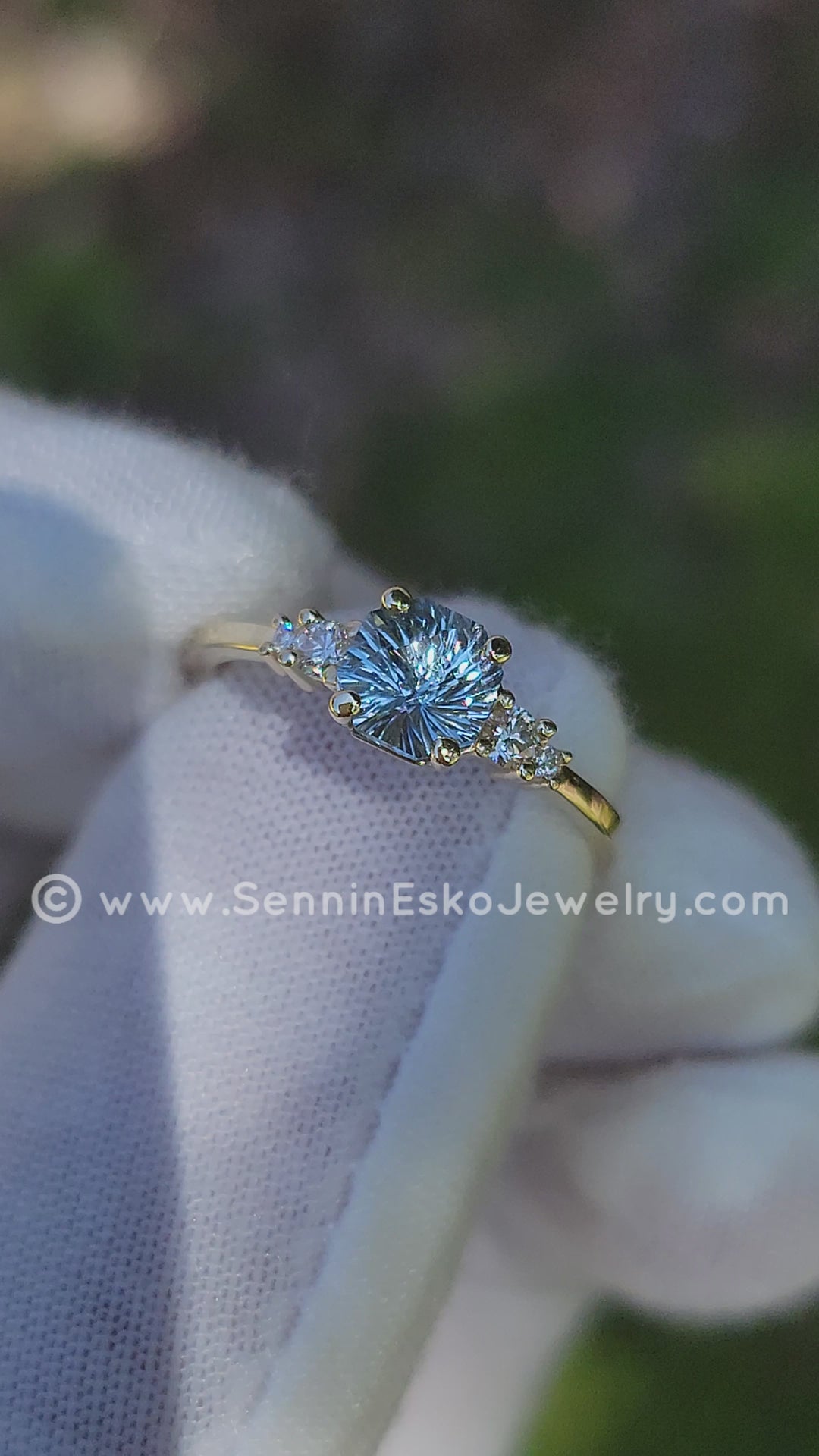 Five Stone Diamond Accented Multi Prong Setting - Depicted with a Sky Blue Montana Sapphire (Setting Only, Center Stone Sold Separately)