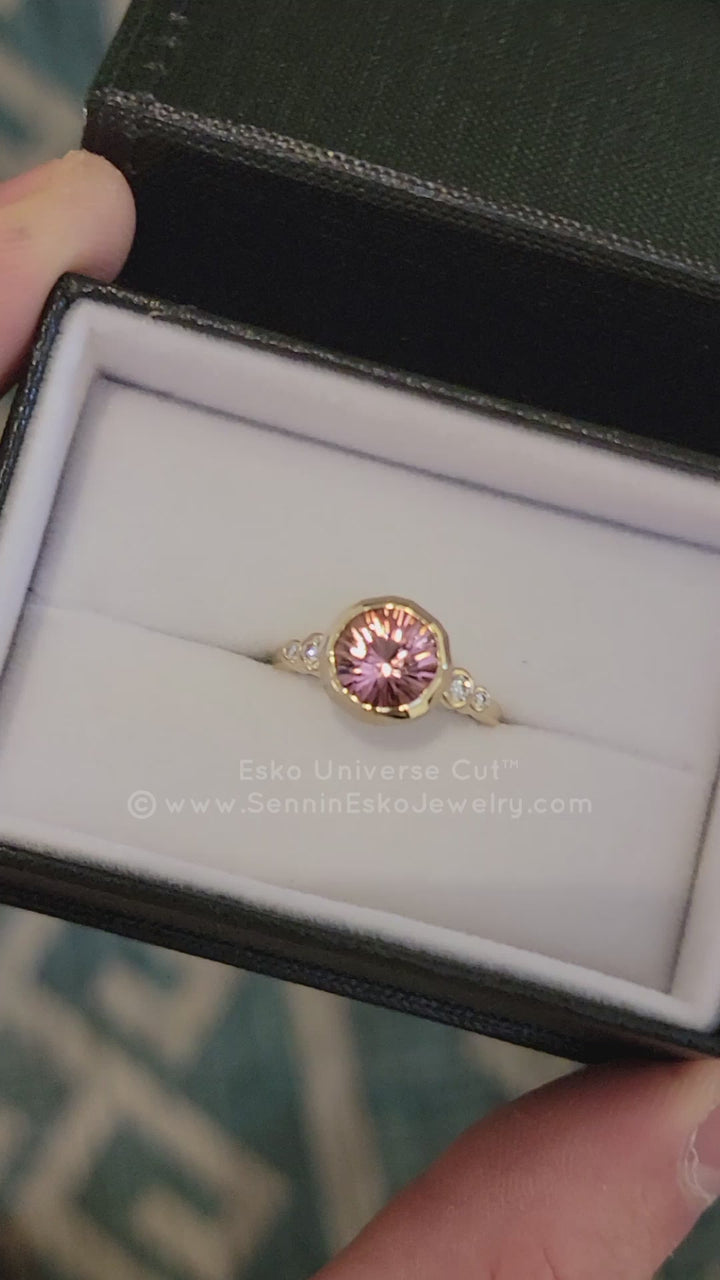 Bright Pink Tourmaline Fantasy Cut Multi Bezel 14kt Yellow gold Ring