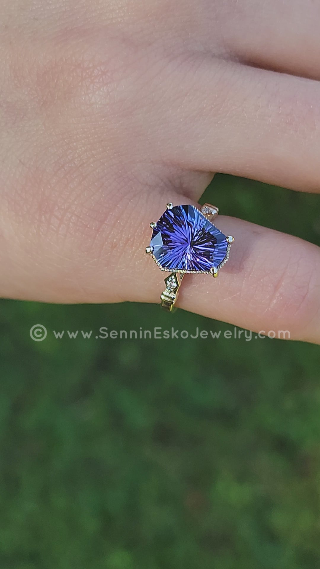 Purple Tanzanite and Diamond Yellow Gold Basket Ring
