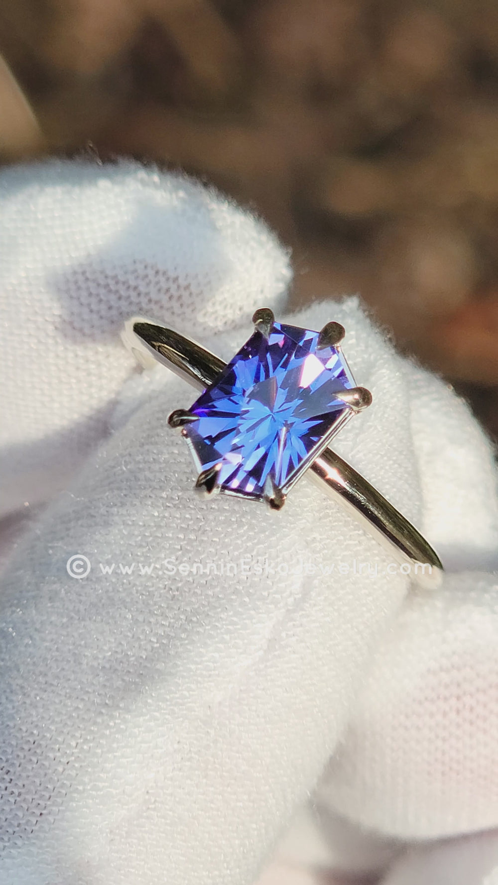 Blurple 6 prong claw set 18kt white gold tanzanite hexagon ring