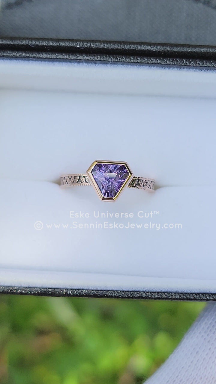 Purple Sapphire Leaf Engraved Bezel Ring