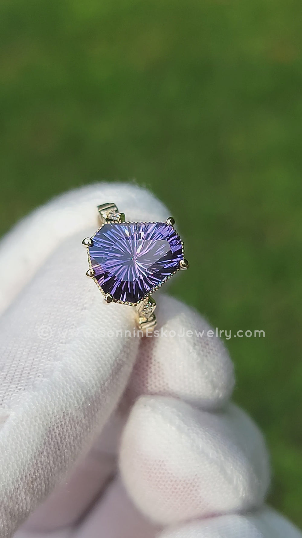 Purple Tanzanite and Diamond Yellow Gold Basket Ring