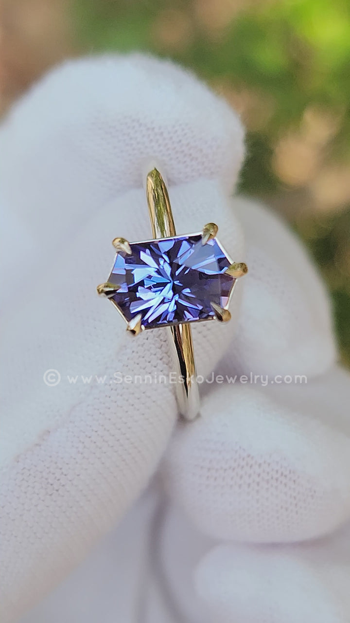 Blurple 6 prong claw set 18kt white gold tanzanite hexagon ring