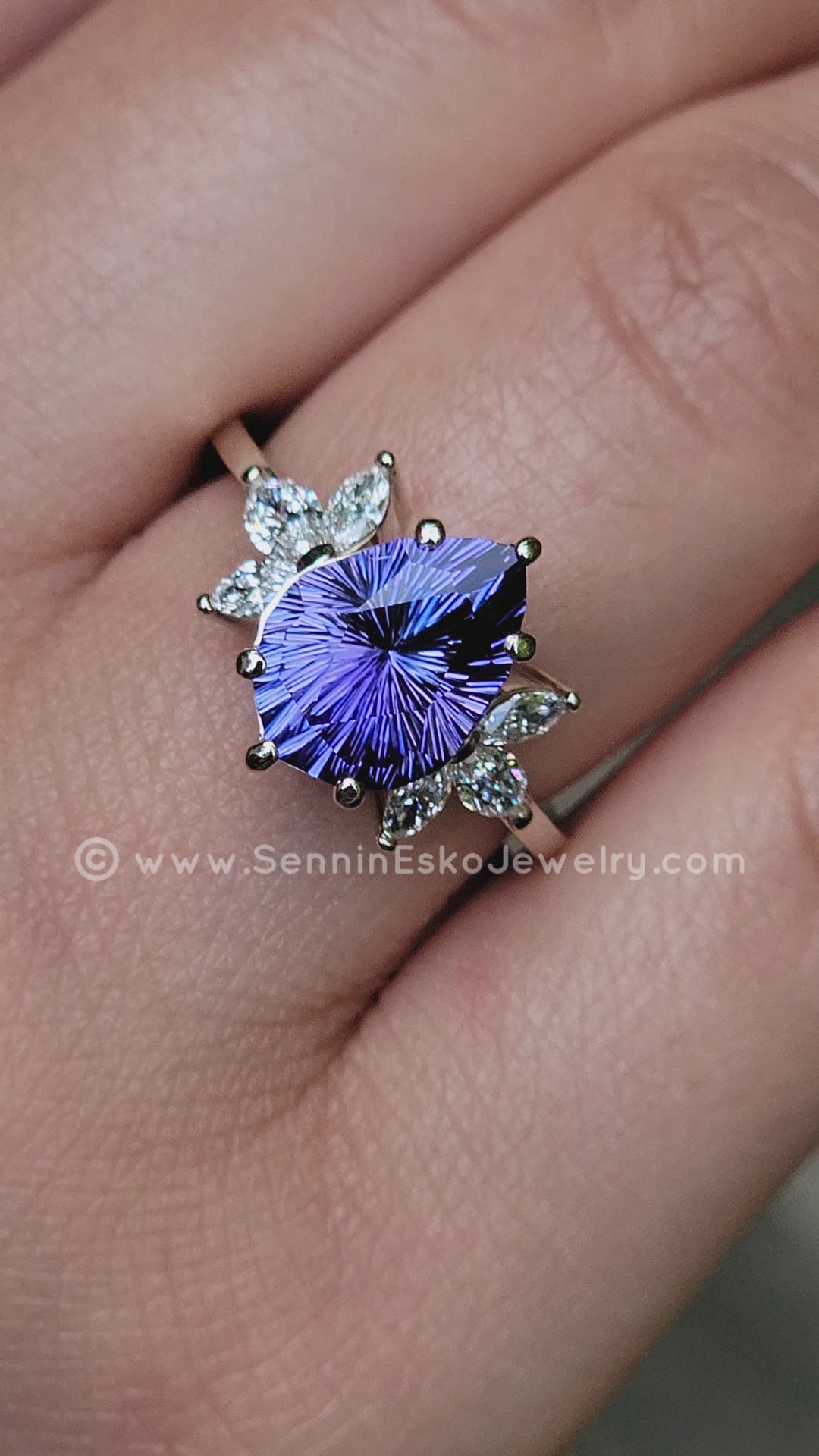 18kt Gold Multi Prong Setting with Large Diamond Marquise Accents - Depicted with a 3.9 Carat Tanzanite Tear Drop (Setting Only, Center Stone Sold Separately)