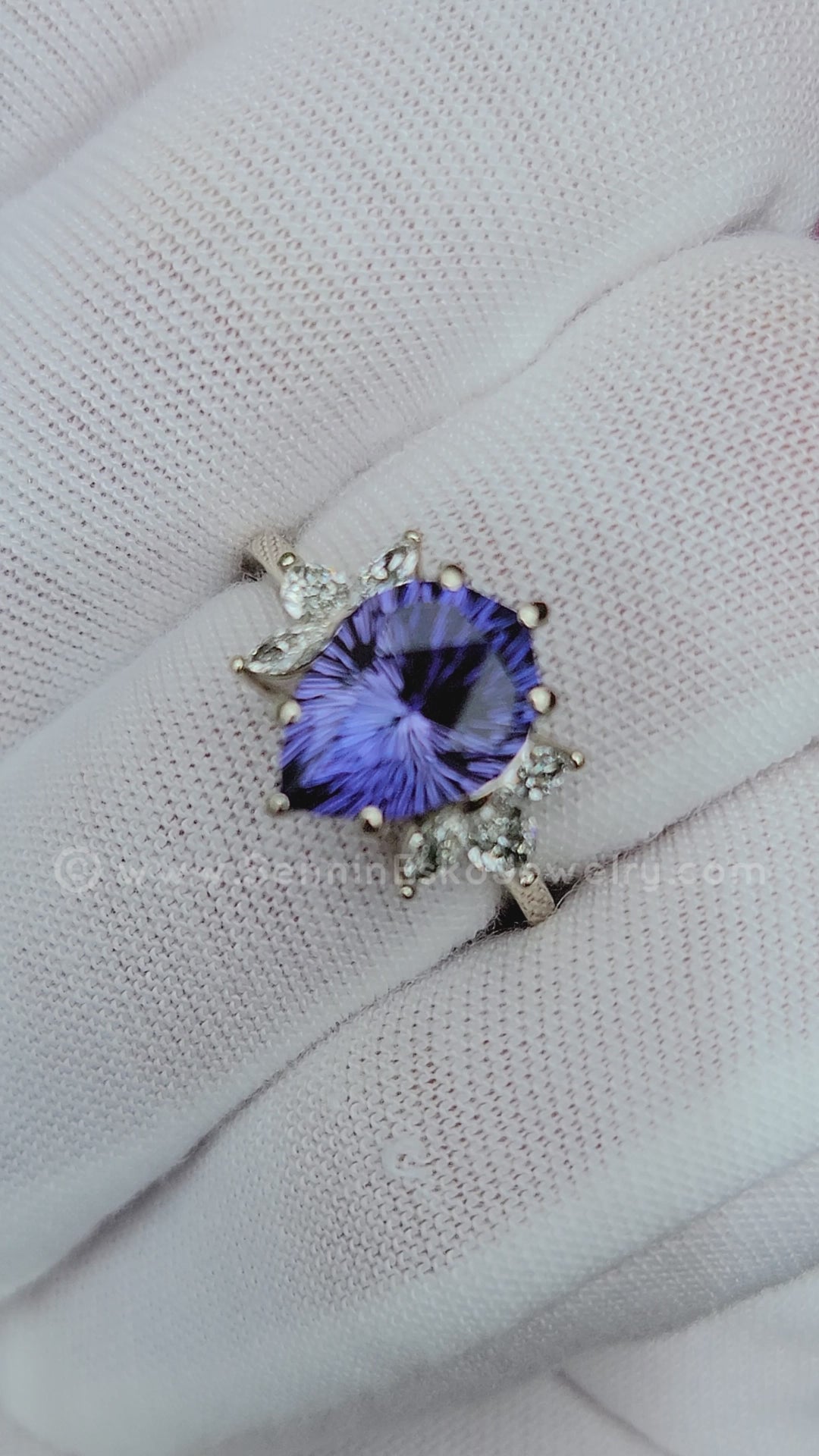 18kt Gold Multi Prong Setting with Large Diamond Marquise Accents - Depicted with a 3.9 Carat Tanzanite Tear Drop (Setting Only, Center Stone Sold Separately)