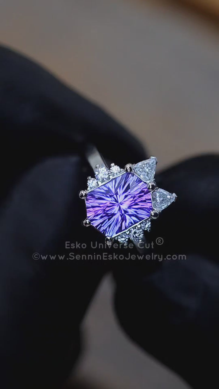 Platinum Diamond Accented Cat Inspired Ring Setting - Depicted with a Blue/Tanzanite Hexagon (Setting Only, Center Stone Sold Separately)