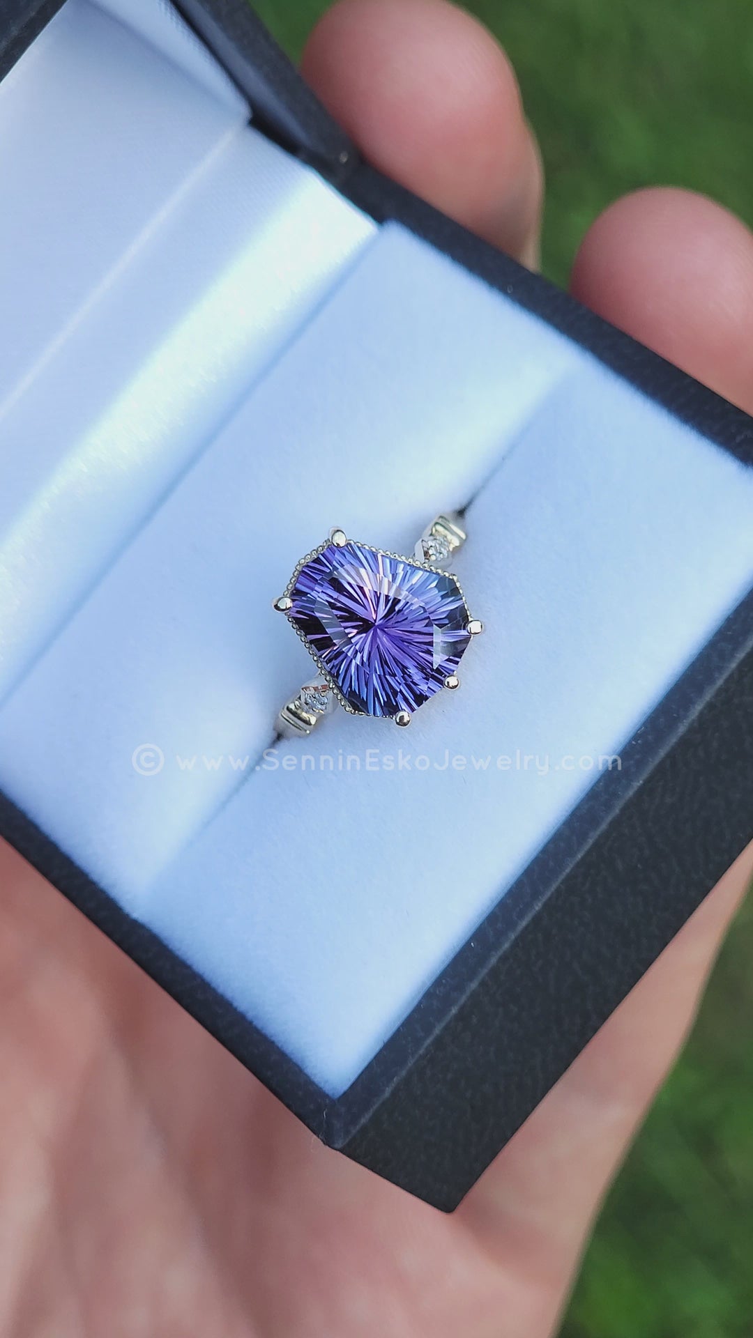 Collet Setting with Milgrain Edge and Accent Diamonds - Depicted with a Purple Tanzanite (Setting Only, Center Stone Sold Separately)