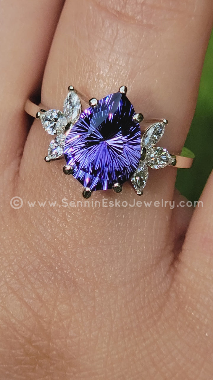 18kt Gold Multi Prong Setting with Large Diamond Marquise Accents - Depicted with a 3.9 Carat Tanzanite Tear Drop (Setting Only, Center Stone Sold Separately)