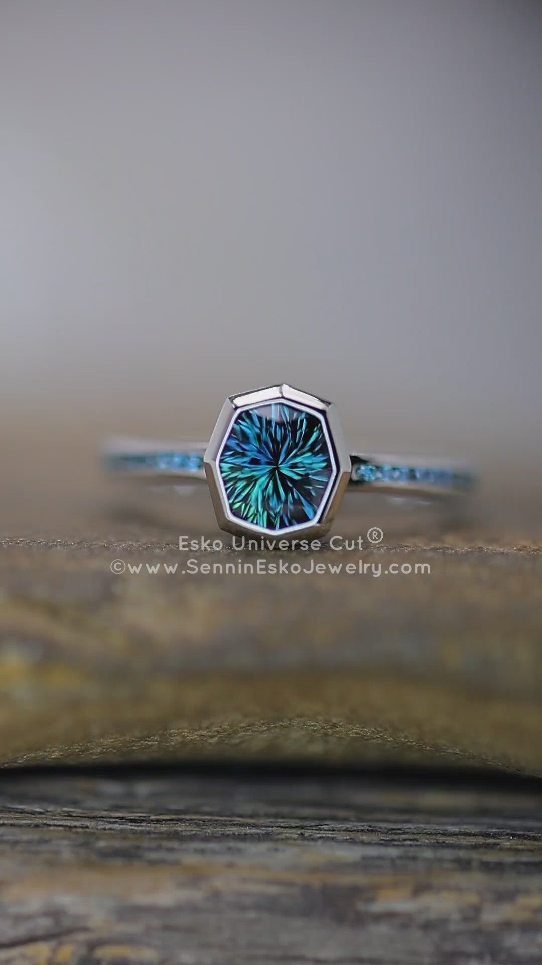 Platinum Bezel & Diamond Accent Channel Ring Setting - Depicted with a Blue/Green Sapphire  (Setting Only, Center Stone Sold Separately)