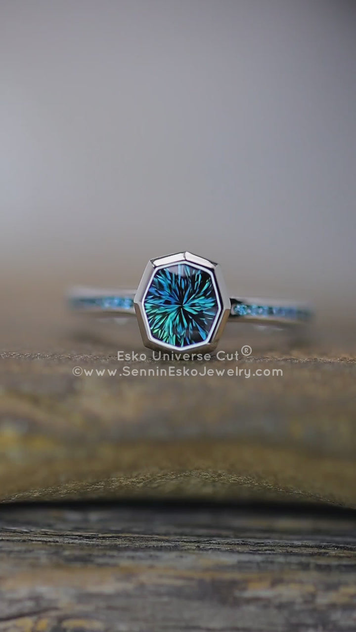 Platinum Bezel & Diamond Accent Channel Ring Setting - Depicted with a Blue/Green Sapphire  (Setting Only, Center Stone Sold Separately)