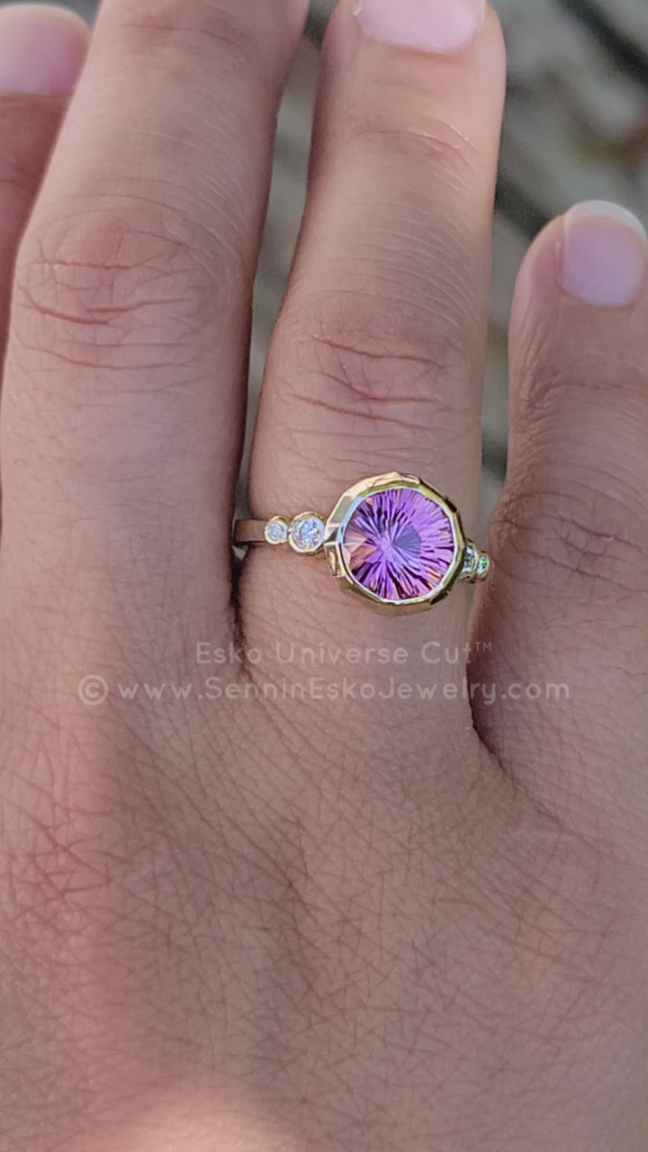 Bright Pink Tourmaline Fantasy Cut Multi Bezel 14kt Yellow gold Ring