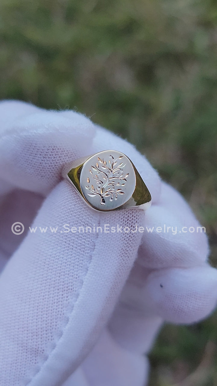 Tree Of Life Signet - Ready To Ship - 14kt Yellow Gold Bright Cut Engraving