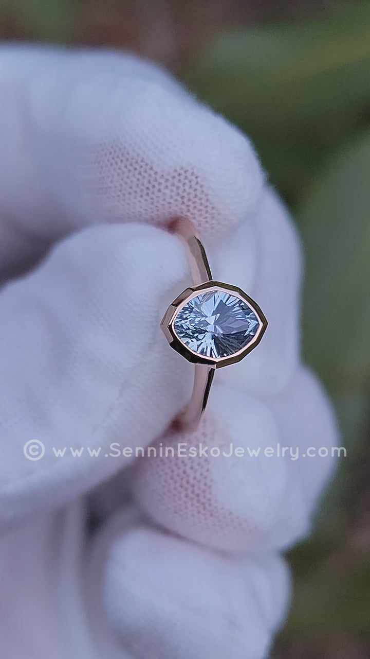 READY TO SHIP 1.4 Carat Blue Sapphire Navette Rose Gold Bezel Ring - Size 6.5