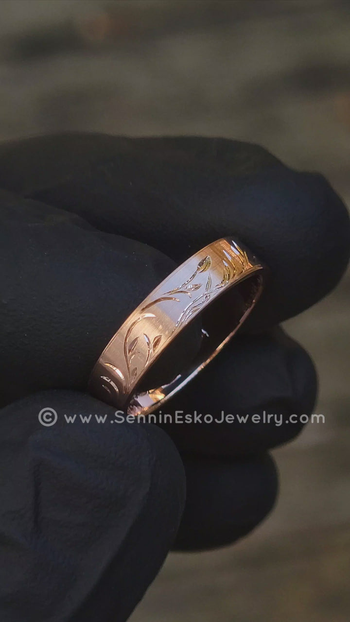 4x1mm Branches and Leaves Ring Variation 1 - 14kt Rose Gold Bright Cut Engraved Band