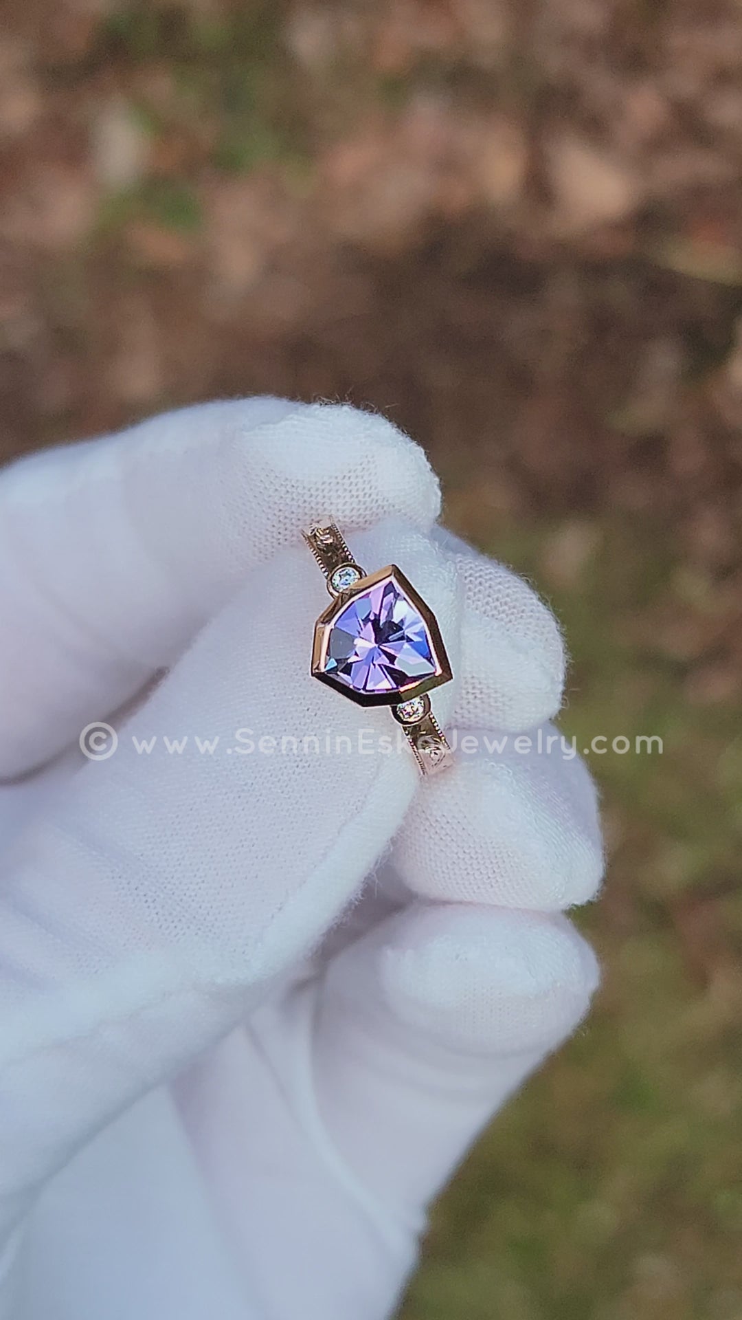 Branches & Leaves Bright Cut Engraved Bezel Ring - Depicted with a Lilac Tanzanite Shield Setting Only, Center Stone Sold Separately)