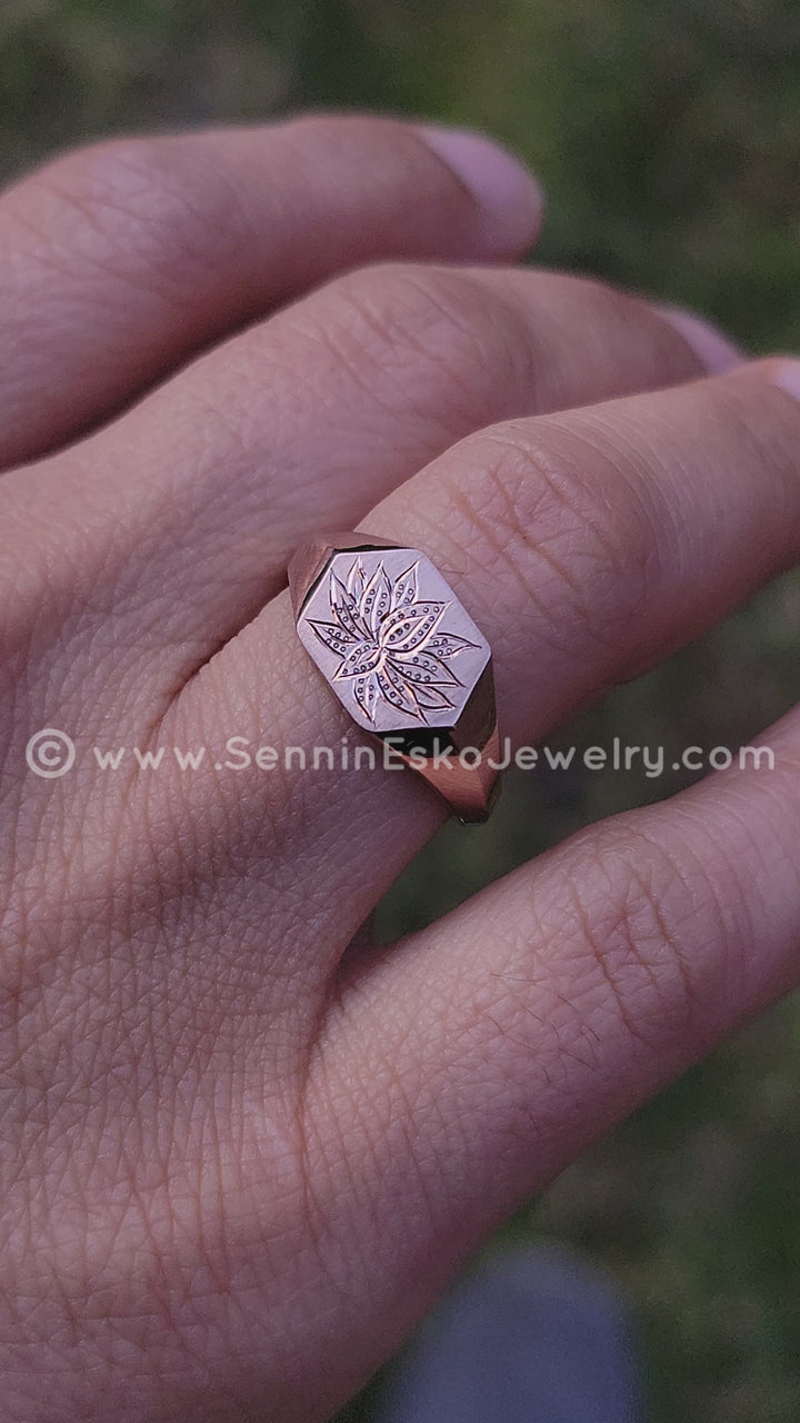 Lotus Signet Ring - 14kt Rose Gold Bright Cut Engraving