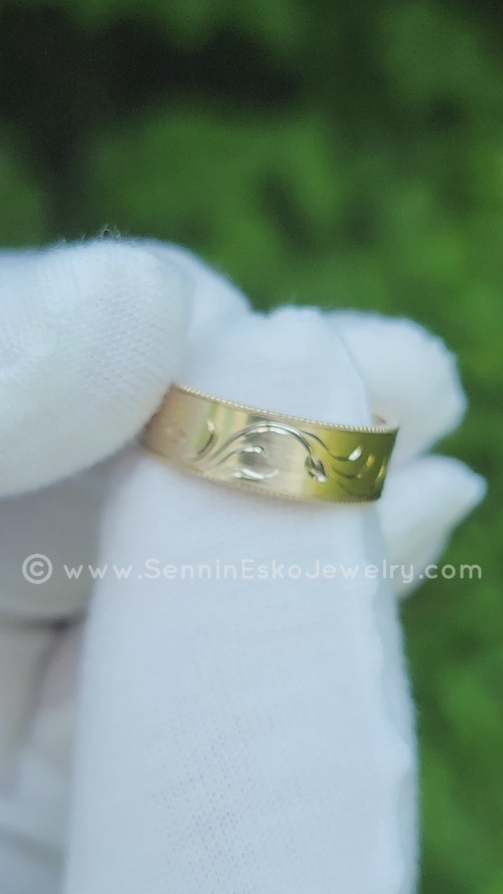6x1mm Branches and Leaves Ring 14kt Yellow Gold Bright Cut Engraved Band