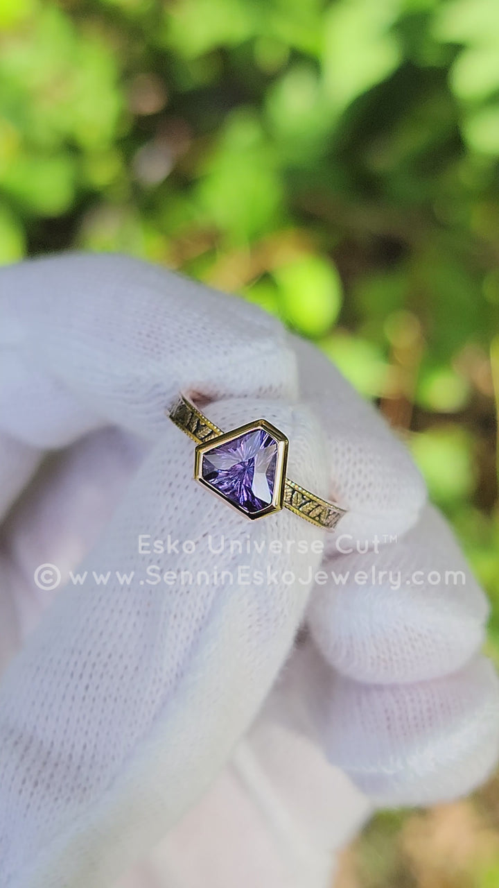 Purple Sapphire Leaf Engraved Bezel Ring