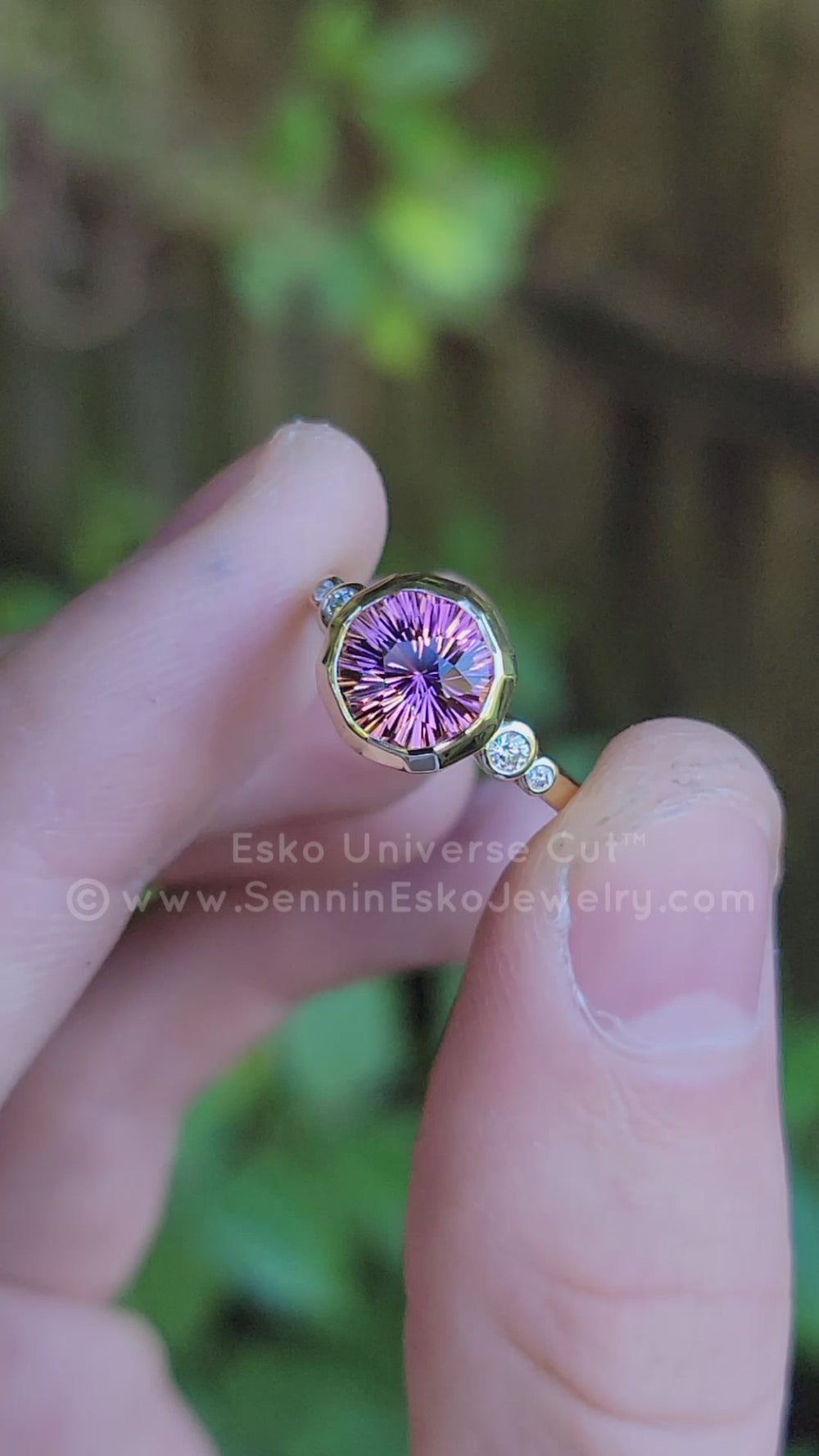 Bright Pink Tourmaline Fantasy Cut Multi Bezel 14kt Yellow gold Ring
