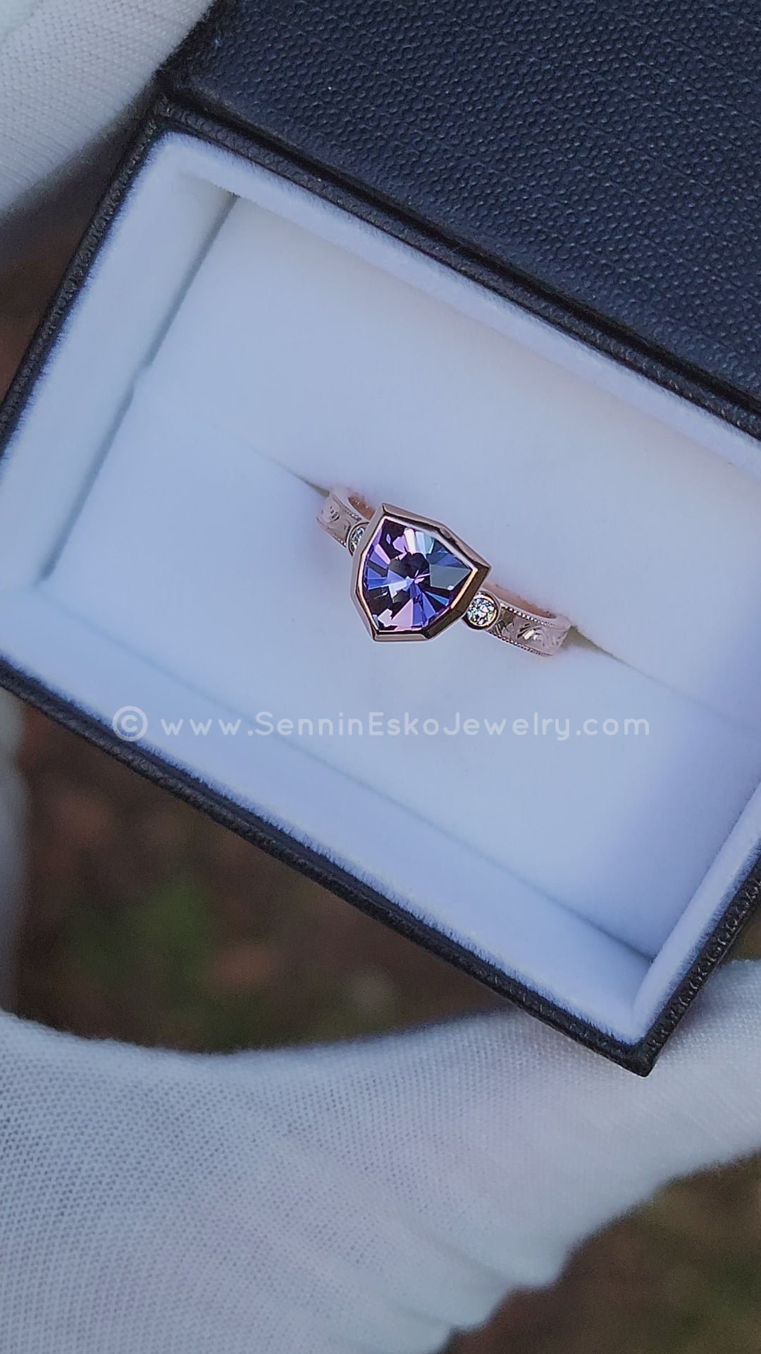 Branches & Leaves Bright Cut Engraved Bezel Ring - Depicted with a Lilac Tanzanite Shield Setting Only, Center Stone Sold Separately)