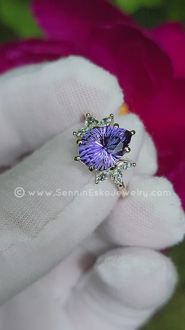 18kt Gold Multi Prong Setting with Large Diamond Marquise Accents - Depicted with a 3.9 Carat Tanzanite Tear Drop (Setting Only, Center Stone Sold Separately)