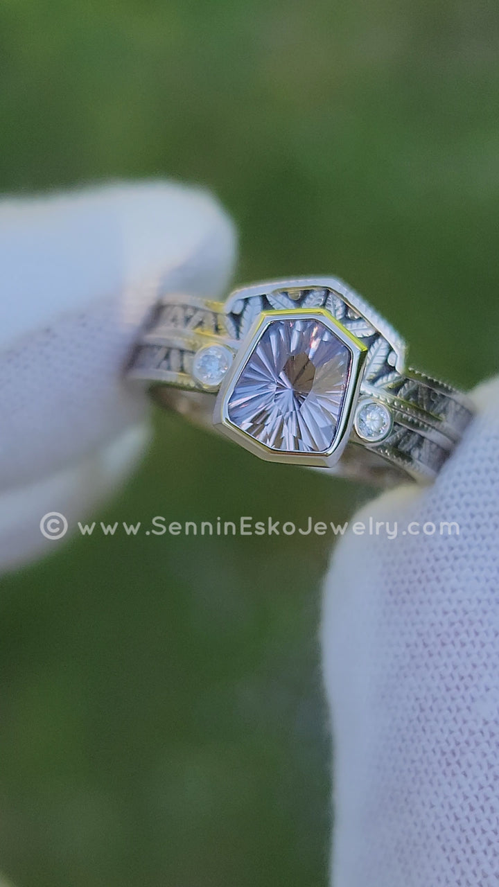 READY TO SHIP 1.1 Carat Gray/Lilac Sapphire Shield Interlocking Leaf Bezel Ring Set Size 5 - 14kt White Gold