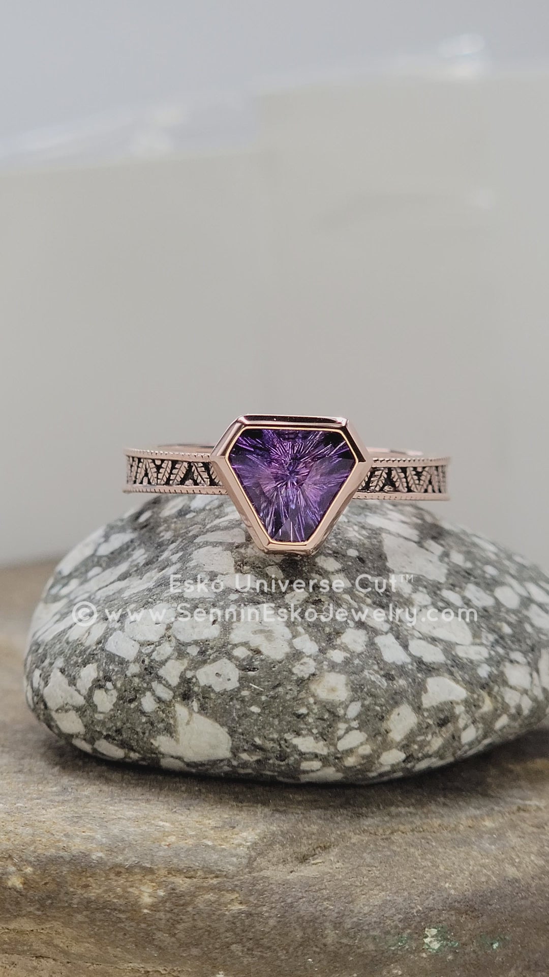 Purple Sapphire Leaf Engraved Bezel Ring