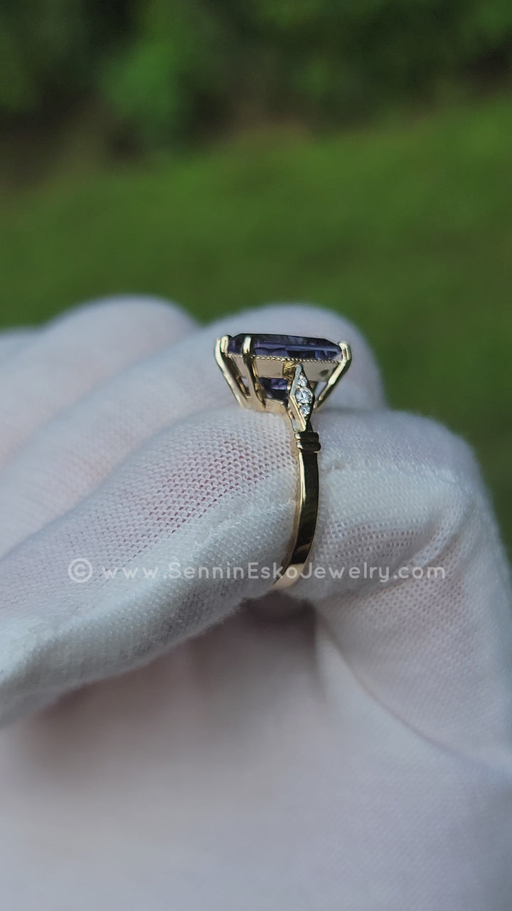 Collet Setting with Milgrain Edge and Accent Diamonds - Depicted with a Purple Tanzanite (Setting Only, Center Stone Sold Separately)