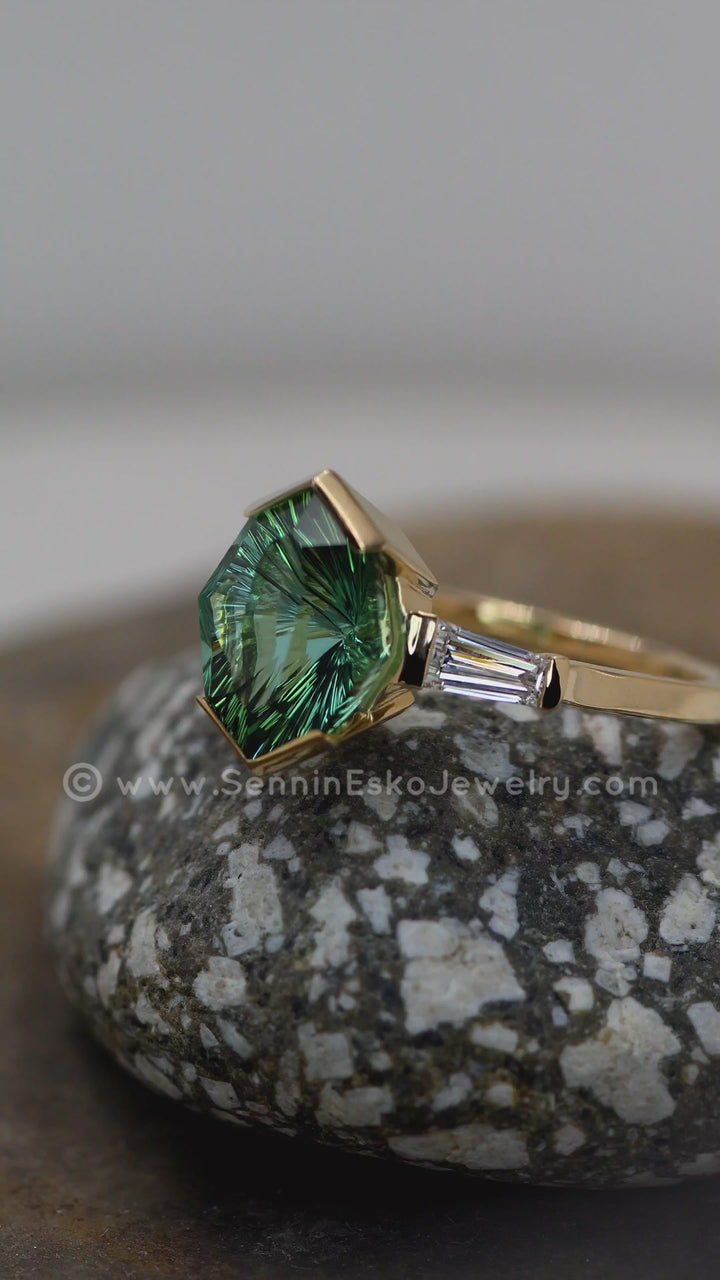 Open Channel Set Ring with Tapered Diamond Baguettes in 14kt Yellow Gold - Depicted with a 2.6 Carat Mint Tourmaline (Setting Only, Center Stone Sold Separately)