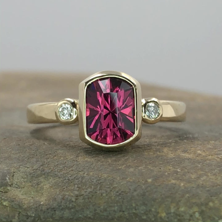 Three Gem Diamond accented Yellow Gold Bezel Ring Setting - Depicted with a Precision Cut Umba Garnet (Setting Only, Center Stone Sold Separately)