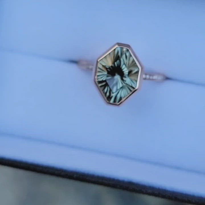 Diamond Channel Accented Rose Gold Bezel Ring Setting - Depicted with a Fantasy cut Prasiolite (Setting Only, Center Stone Sold Separately)