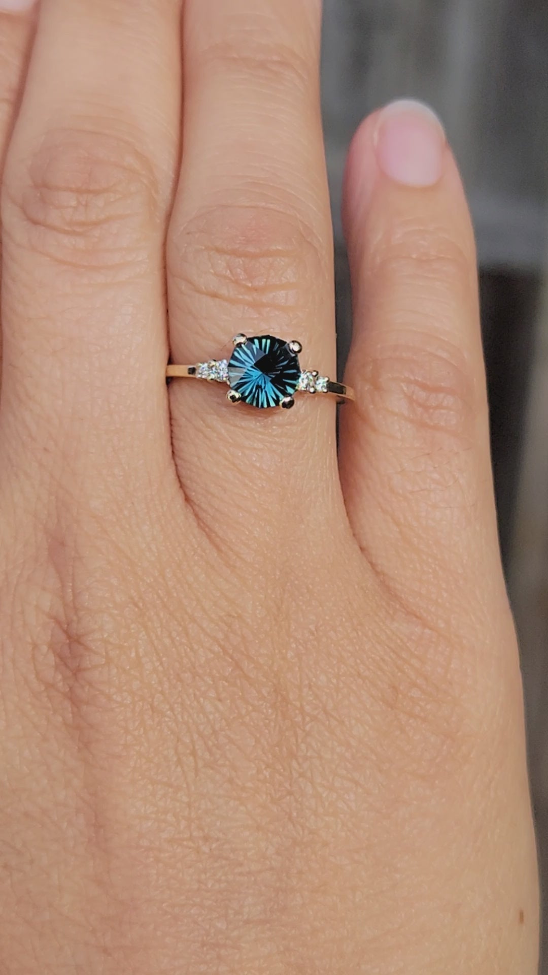 nff☆teal gemstone ring Five Stone Diamond Accented Multi Prong Setting - Depicted