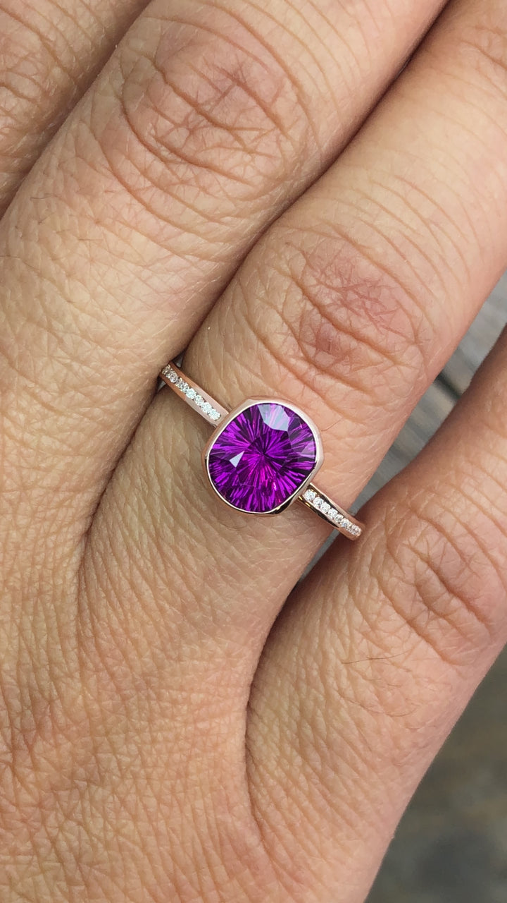 Diamond Channel Accented Rose Gold Bezel Ring Setting - Depicted with a Fantasy cut Purple Garnet  (Setting Only, Center Stone Sold Separately)