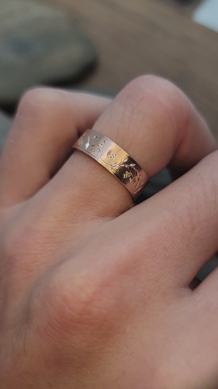 READY TO SHIP 6x1.2mm Pine Sprigs & Pine Cones Rose Gold Ring Size 8.5 - Bright Cut Engraved Band