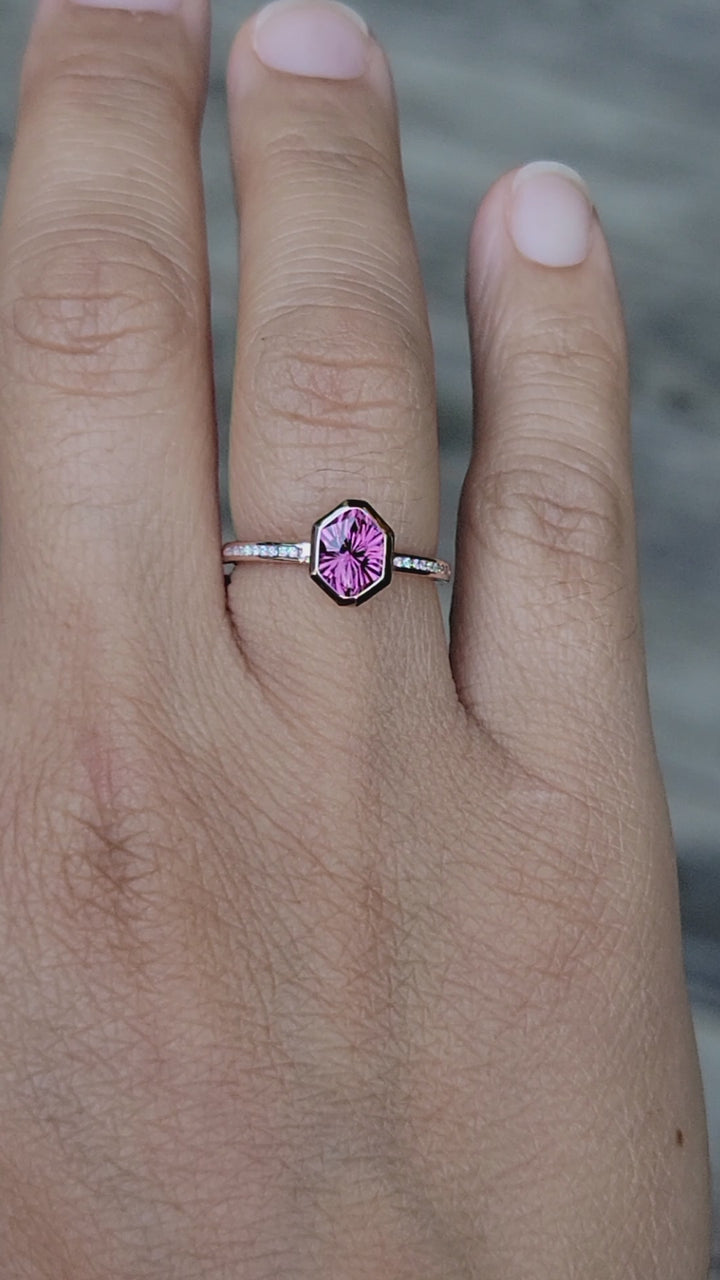 Diamond Channel Accented Rose Gold Bezel Ring Setting - Depicted with a Fantasy cut Mahenge Garnet (Setting Only, Center Stone Sold Separately)
