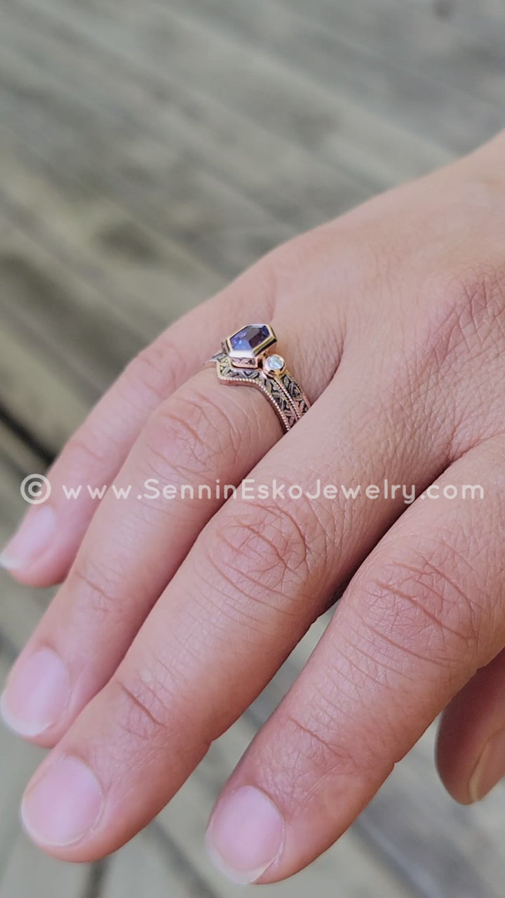Vintage Inspired Leaf Multi Bezel Ring Set - Depicted with a Purple Sapphire (Setting Only, Center Stone Sold Separately)