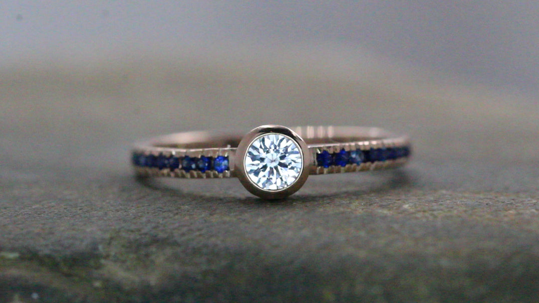 White and Blue Sapphire Rose Gold Alternative Engagement - Sapphire Gold Ring - White Sapphire Bezel Ring - Sapphire Ring - Rose Gold Ring