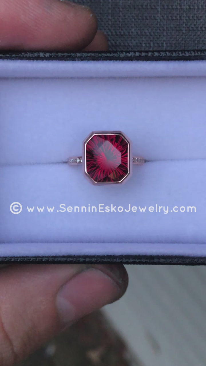 Diamond Channel Accented Rose Gold Bezel Ring Setting - Depicted with a Large Fantasy cut Rhodolite Garnet (Setting Only, Center Stone Sold Separately)
