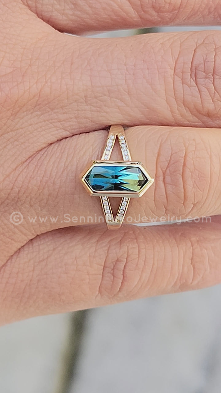 Split Shank Bezel Ring With Diamond Accents - Depicted with a Parti Sapphire (Setting Only, Center Stone Sold Separately)