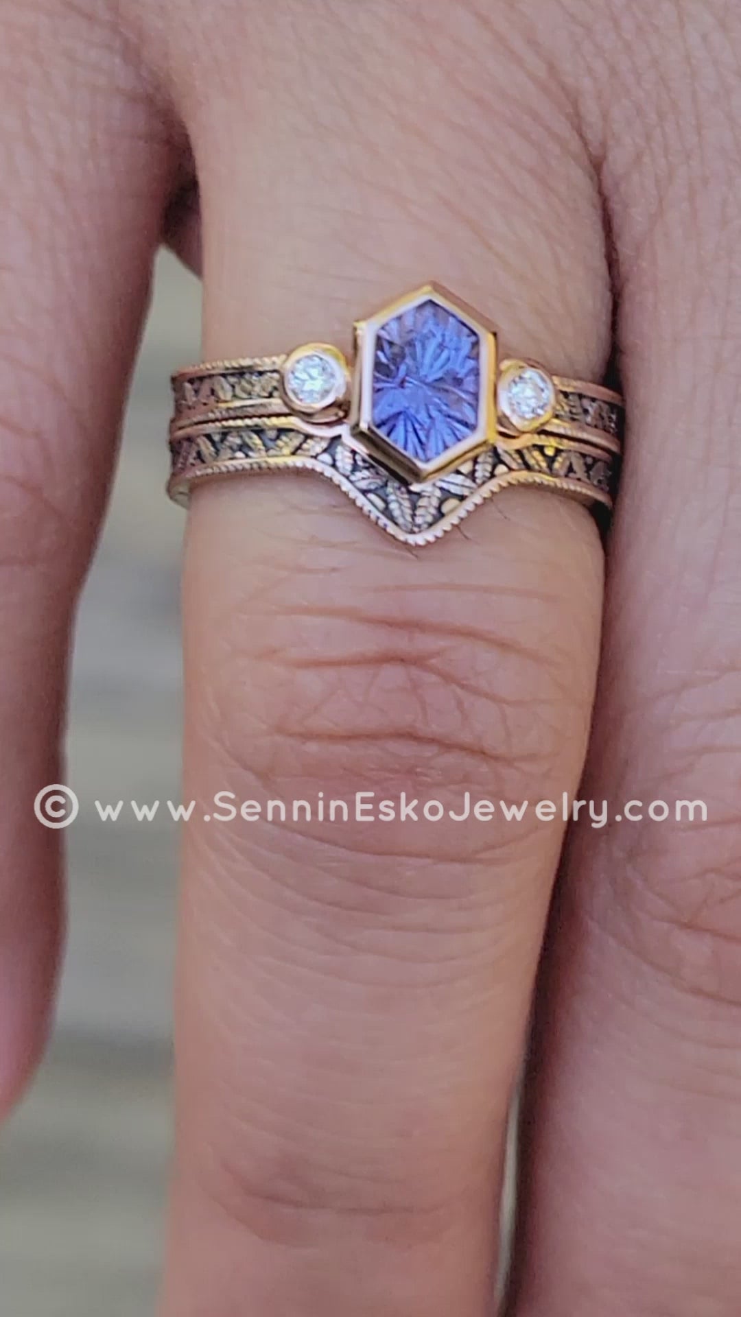 Vintage Inspired Leaf Multi Bezel Ring Set - Depicted with a Purple Sapphire (Setting Only, Center Stone Sold Separately)