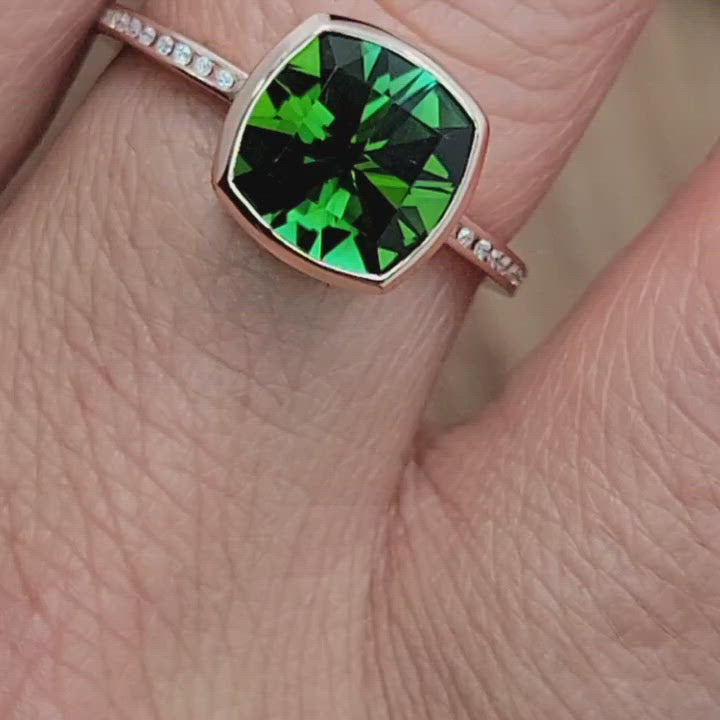 Diamond Channel Accented Rose Gold Bezel Ring Setting - Precision Cut Green Tourmaline Depicted (Setting Only, Center Stone Sold Separately)