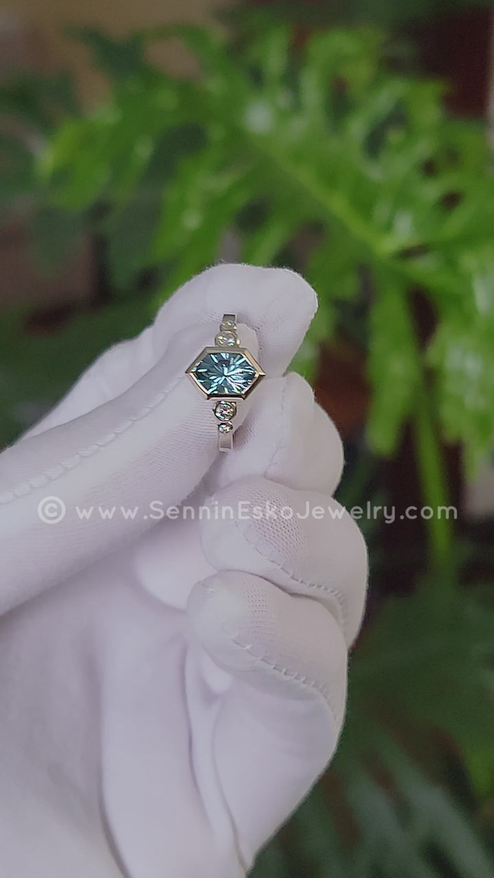 Five Stone Diamond Accented Multi Bezel Setting - Depicted with a Fantasy cut Montana Sapphire Hexagon (Setting Only, Center Stone Sold Separately)