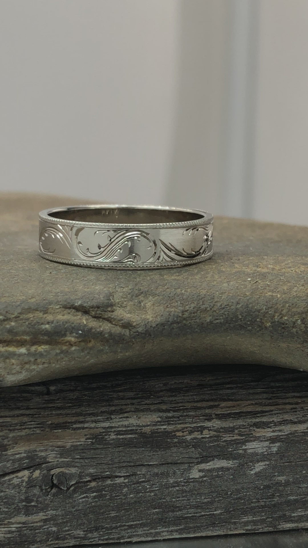 5x1mm Branches and Leaves Variation 2 14kt White Gold Bright Cut Engraved Band