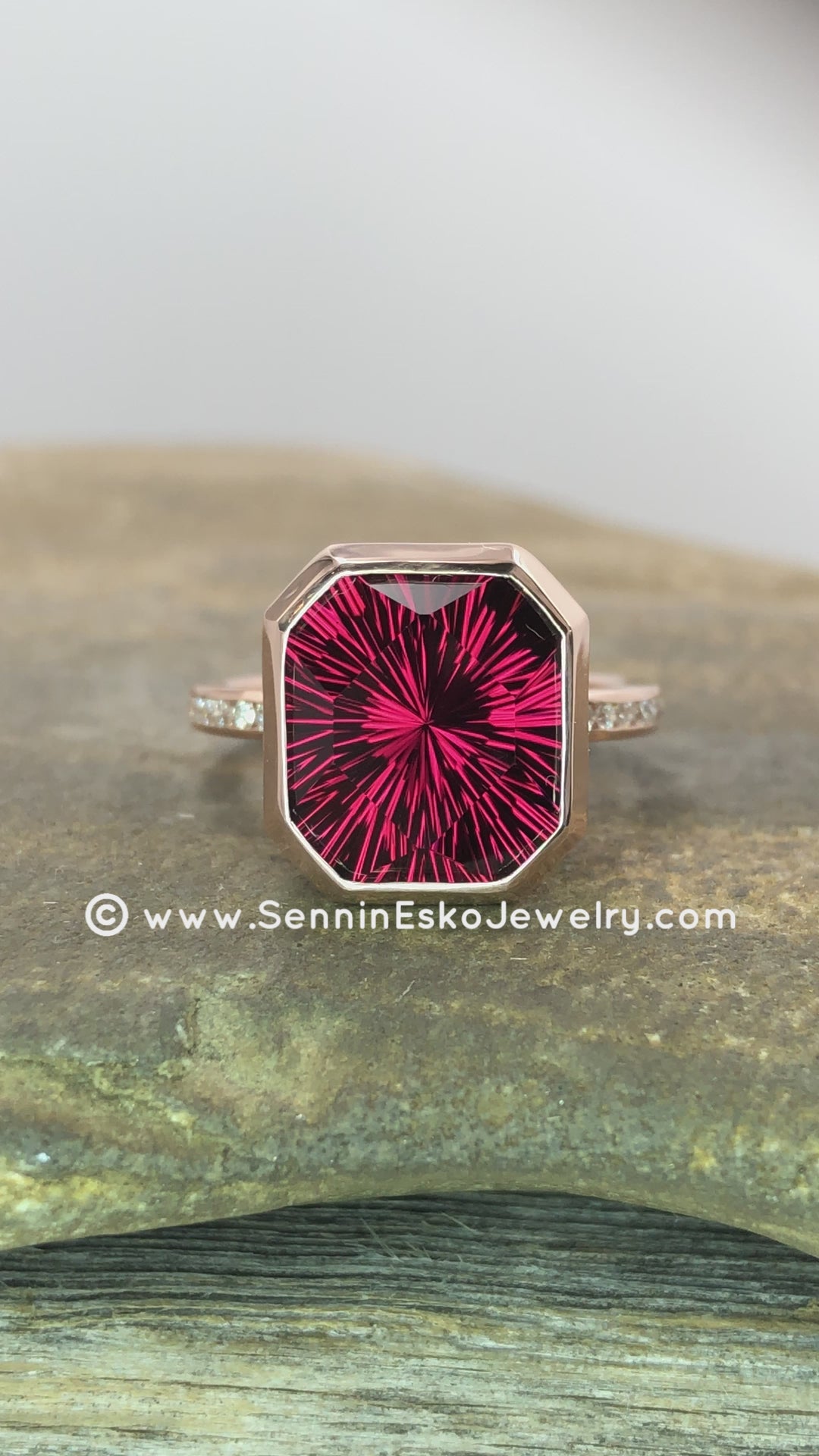 Diamond Channel Accented Rose Gold Bezel Ring Setting - Depicted with a Large Fantasy cut Rhodolite Garnet (Setting Only, Center Stone Sold Separately)